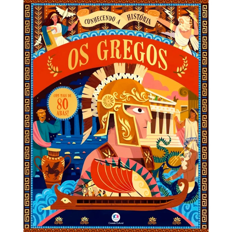 Livro Conhecendo a História Os Gregos, capa azul com guerreiro grego. — Plenitude