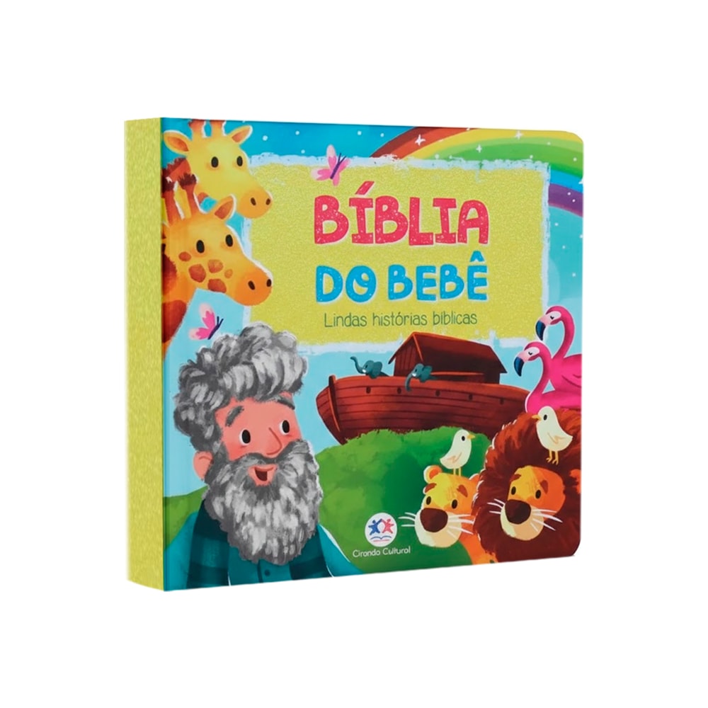 Bíblia do Bebê, capa almofadada colorida com Noé, arca, girafas, leões e flamingos. — Plenitude