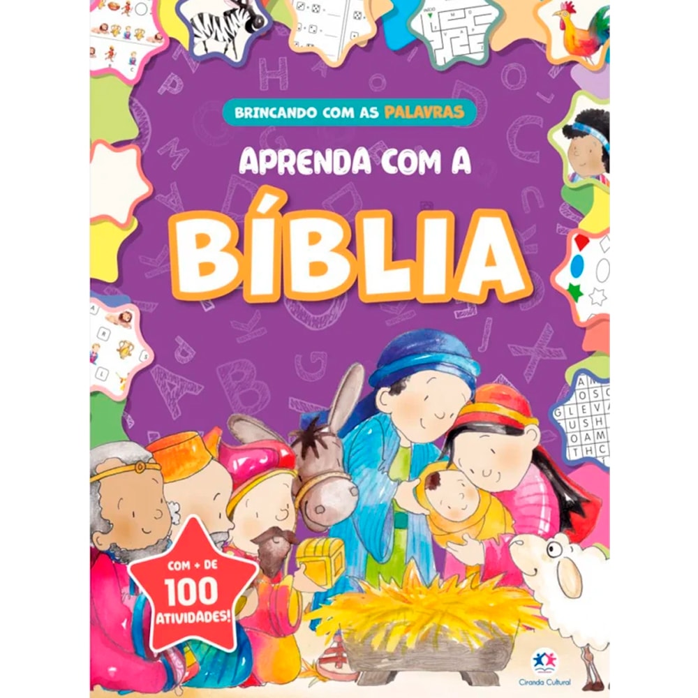 Livro de atividades Aprenda Com a Bíblia Brincando Com as Palavras, capa roxa com cena de Natal e selo de 100 atividades. — Plenitude