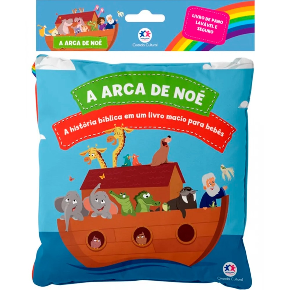 Livro de pano A Arca de Noé, capa azul com animais na arca e arco-íris, lavável e seguro. — Plenitude