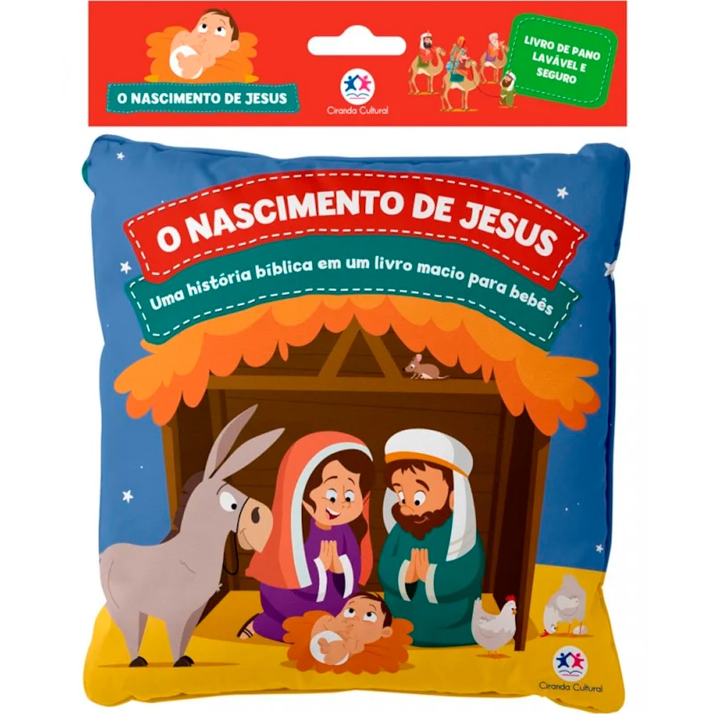 Livro de pano O Nascimento de Jesus, capa azul com Maria, José e o bebê Jesus. — Plenitude