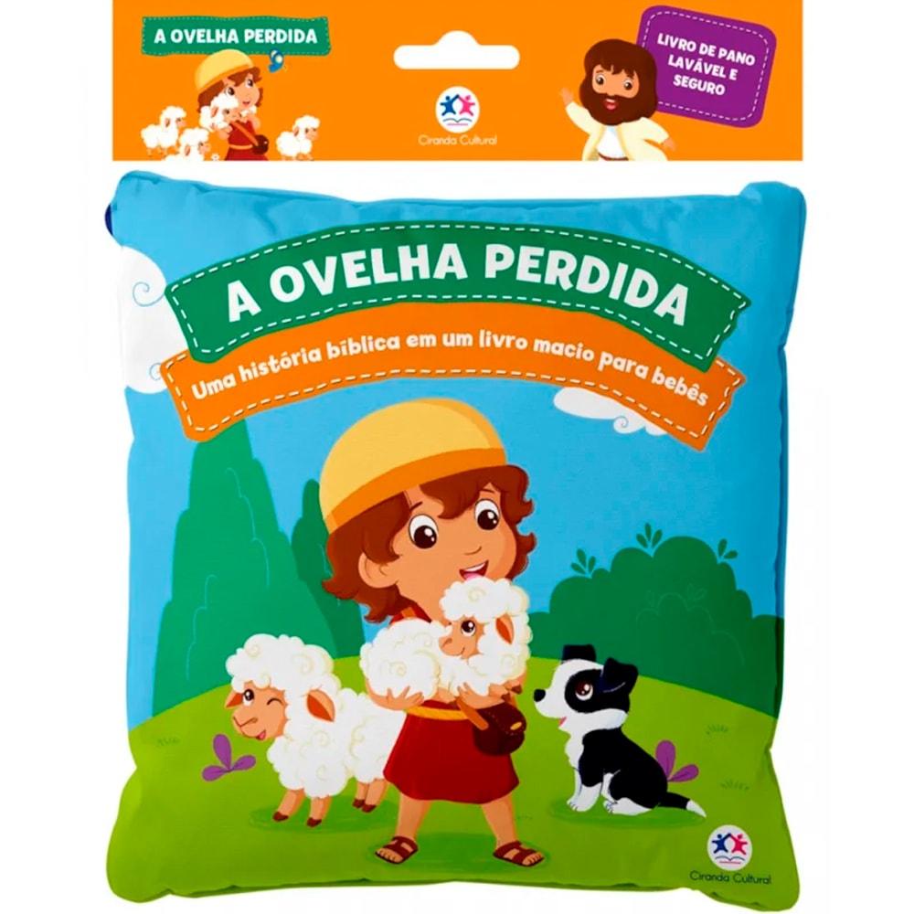Livro de pano A Ovelha Perdida, capa azul com pastor e ovelhas. — Plenitude