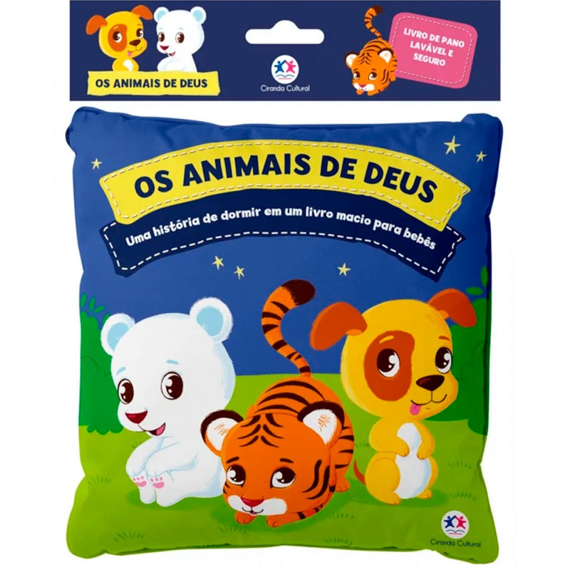 Livro de pano Os Animais de Deus, azul com urso, tigre e cachorro. — Plenitude