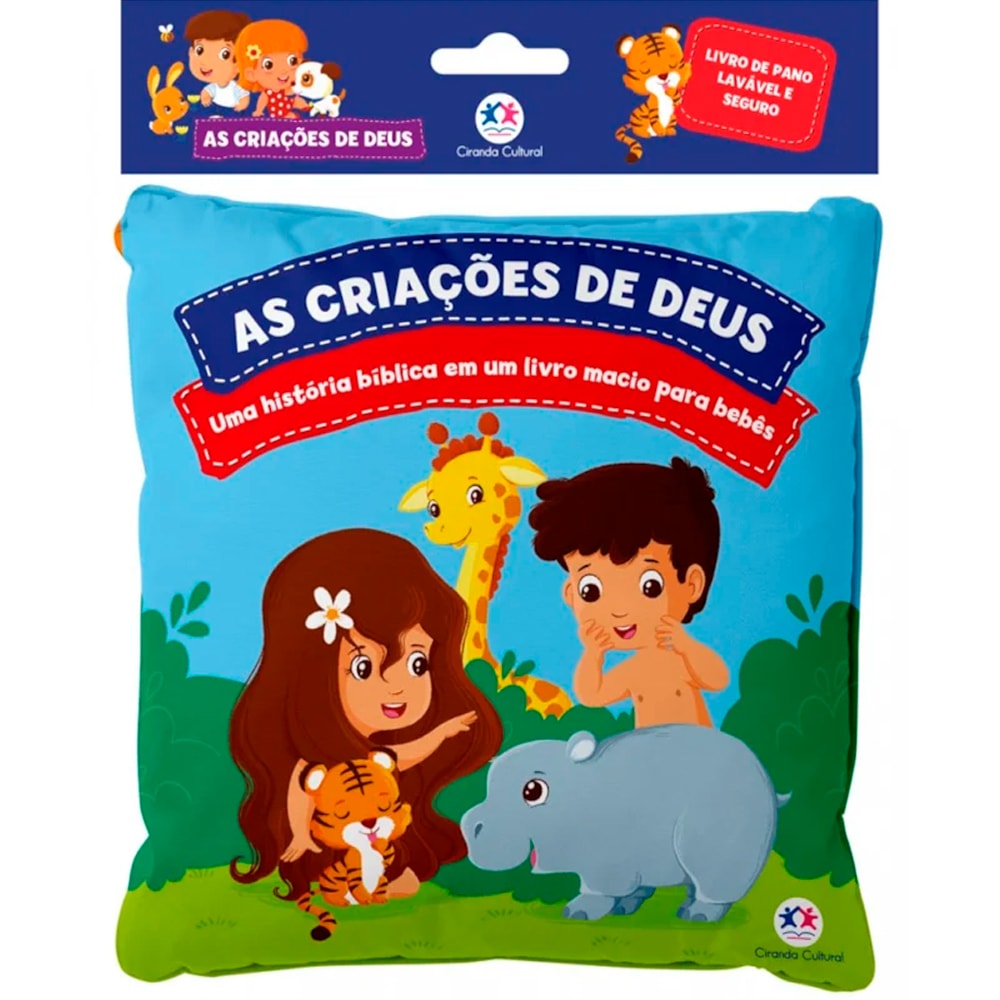 Livro de pano As Criações de Deus, azul com crianças e animais. — Plenitude
