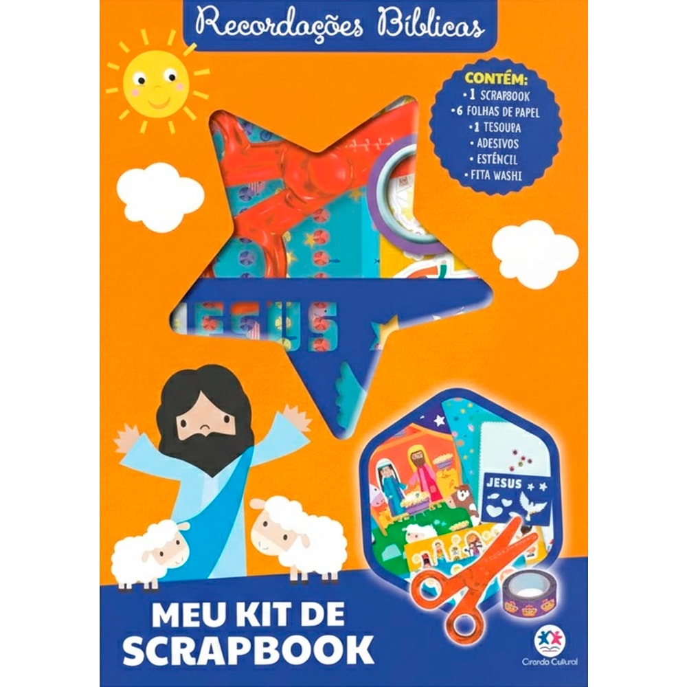 Kit de scrapbook Recordações Bíblicas, capa laranja com Jesus, ovelhas e itens de scrapbook. — Plenitude