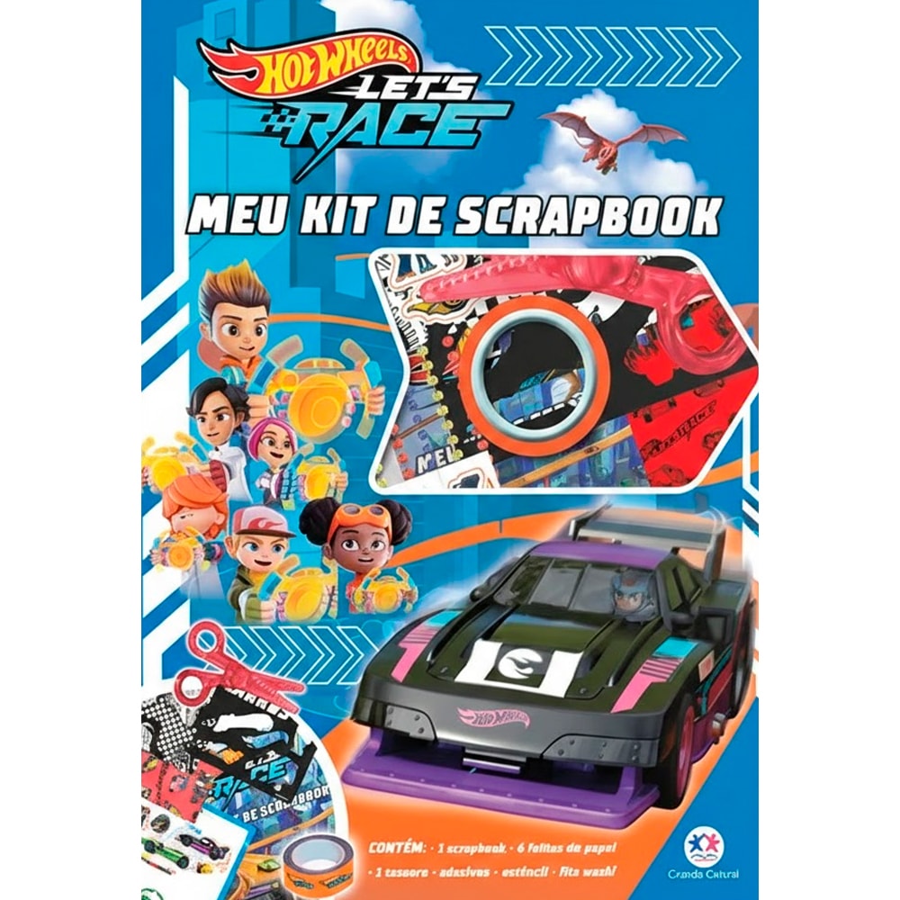 Kit de scrapbook Hot Wheels, capa com carros de corrida e itens de scrapbook. — Plenitude