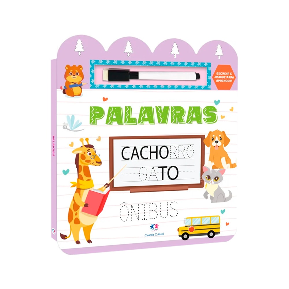 Livro infantil Palavras de Karoline Cussolim, capa colorida com ilustrações de animais e palavras. — Plenitude