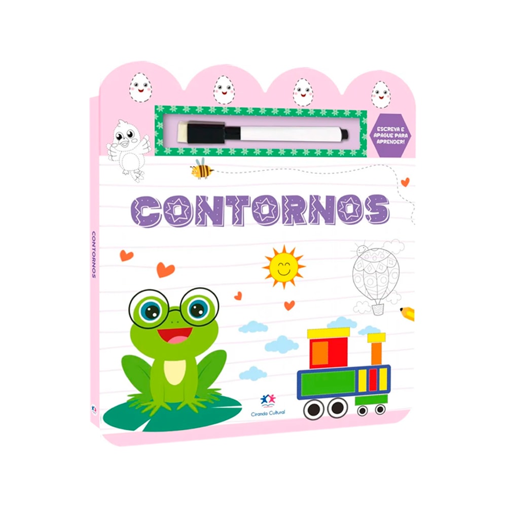 Livro de atividades Contornos de Karoline Cussolim, capa rosa com sapo, trem e caneta escreve e apague. — Plenitude