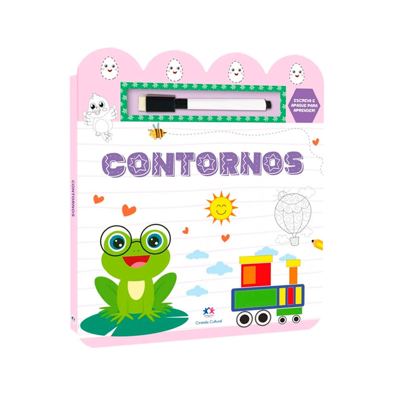 Livro de atividades Contornos de Karoline Cussolim, capa rosa com sapo, trem e caneta escreve e apague. — Plenitude