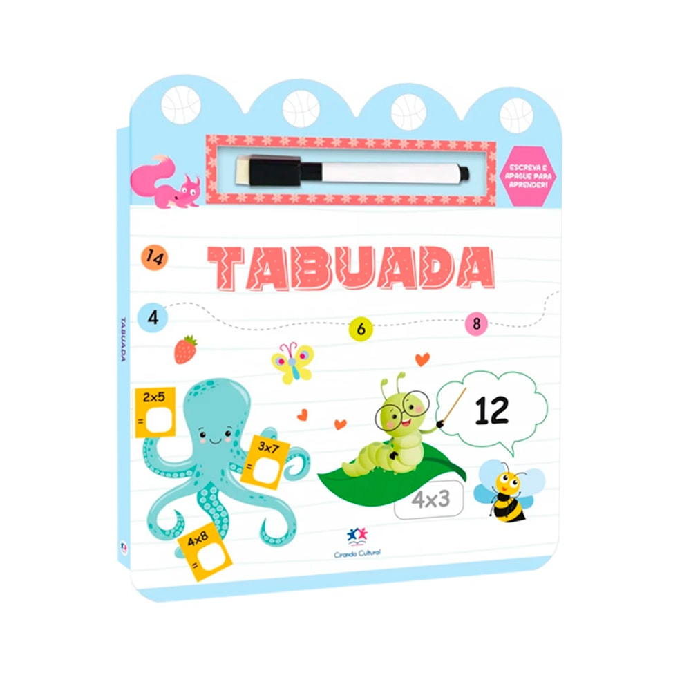 Livro de atividades Tabuada de Karoline Cussolim, capa azul com polvo, lagarta e caneta escreve e apague. — Plenitude