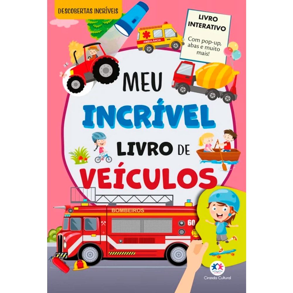 Livro infantil interativo Meu Incrível Livro de Veículos, capa colorida com ilustrações de veículos e crianças. — Plenitude
