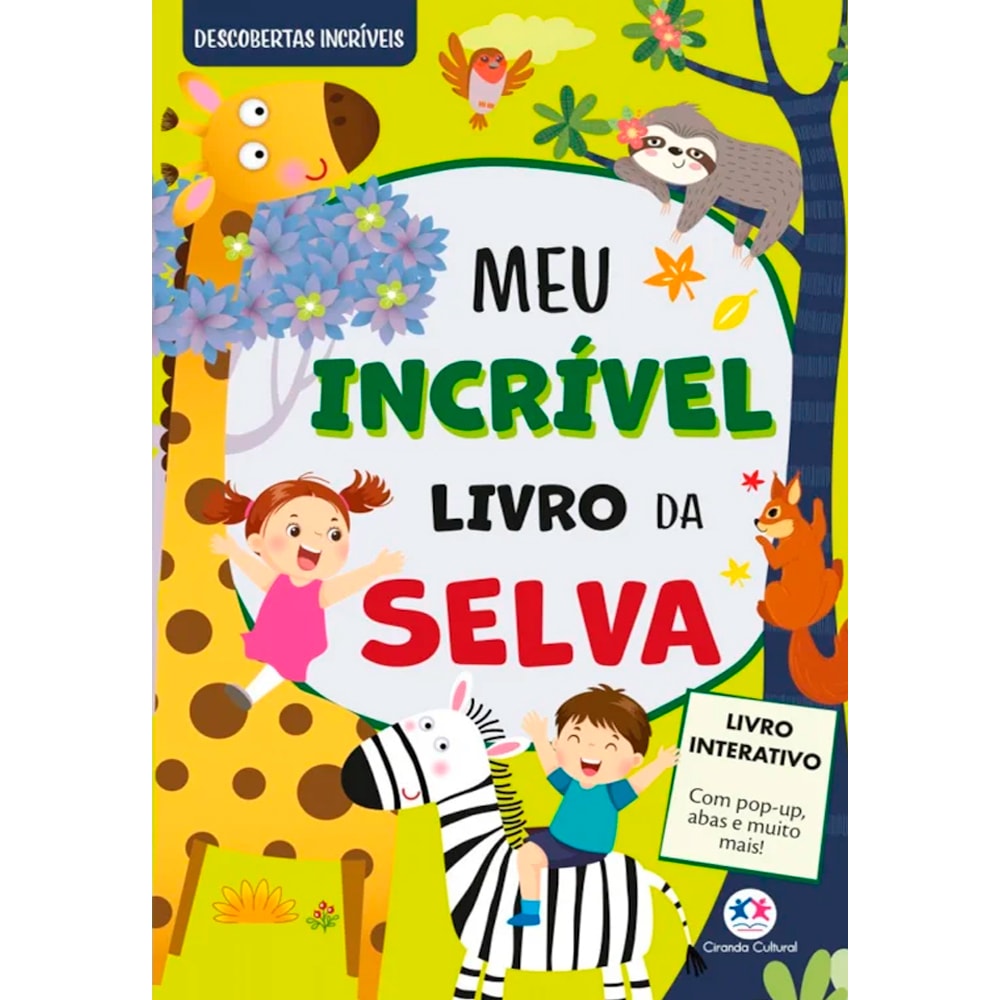 Livro infantil interativo "Meu Incrível Livro da Selva", capa colorida com animais e crianças. — Plenitude