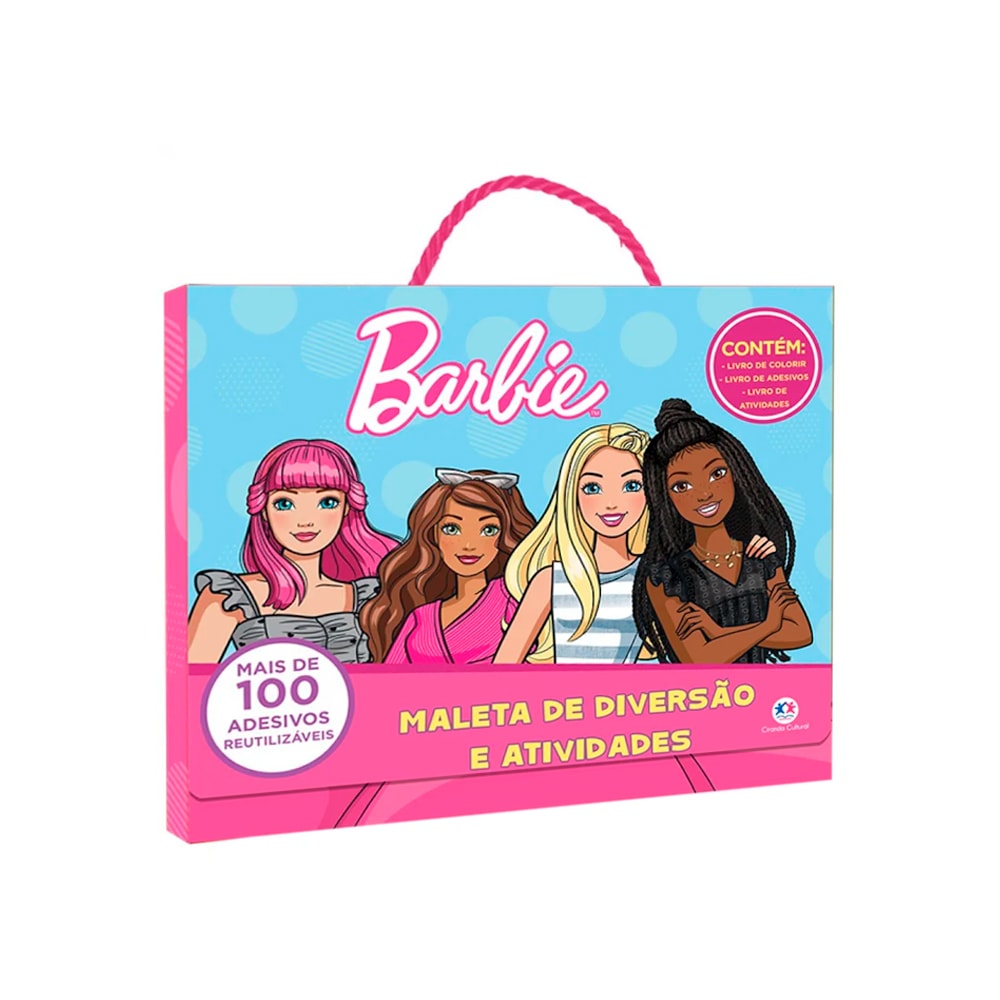 Maleta de atividades Barbie Maleta Diversão e Adesivos, rosa com quatro Barbies e selo de 100 adesivos. — Plenitude