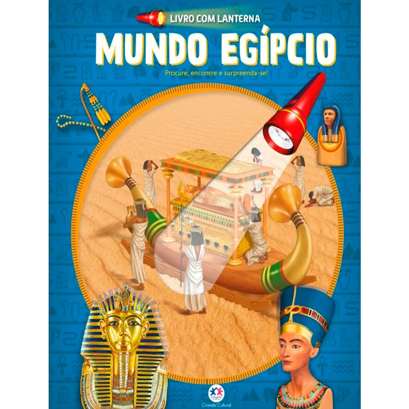 Livro infantil Mundo Egípcio Com Lanterna, capa azul com pirâmides e figuras egípcias. — Plenitude