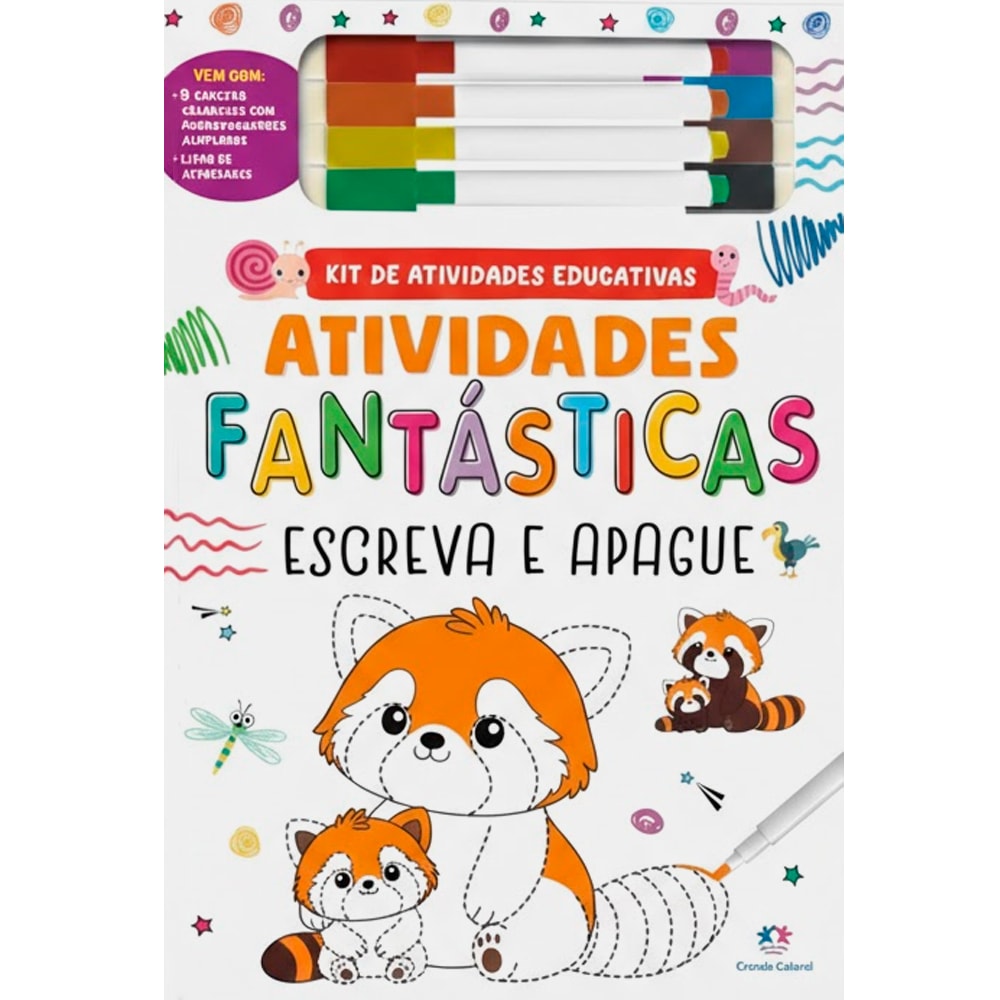 Kit de atividades Atividades Fantásticas Escreva e Apague, capa branca com guaxinins e canetas coloridas. — Plenitude