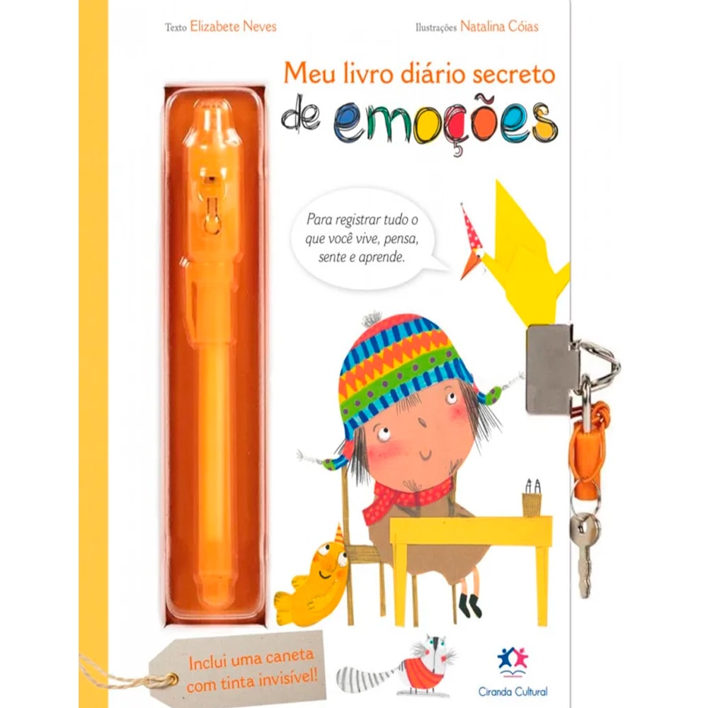 Livro Meu Livro Diário Secreto de Emoções, com caneta de tinta invisível e chave, ilustrado com uma criança. — Plenitude