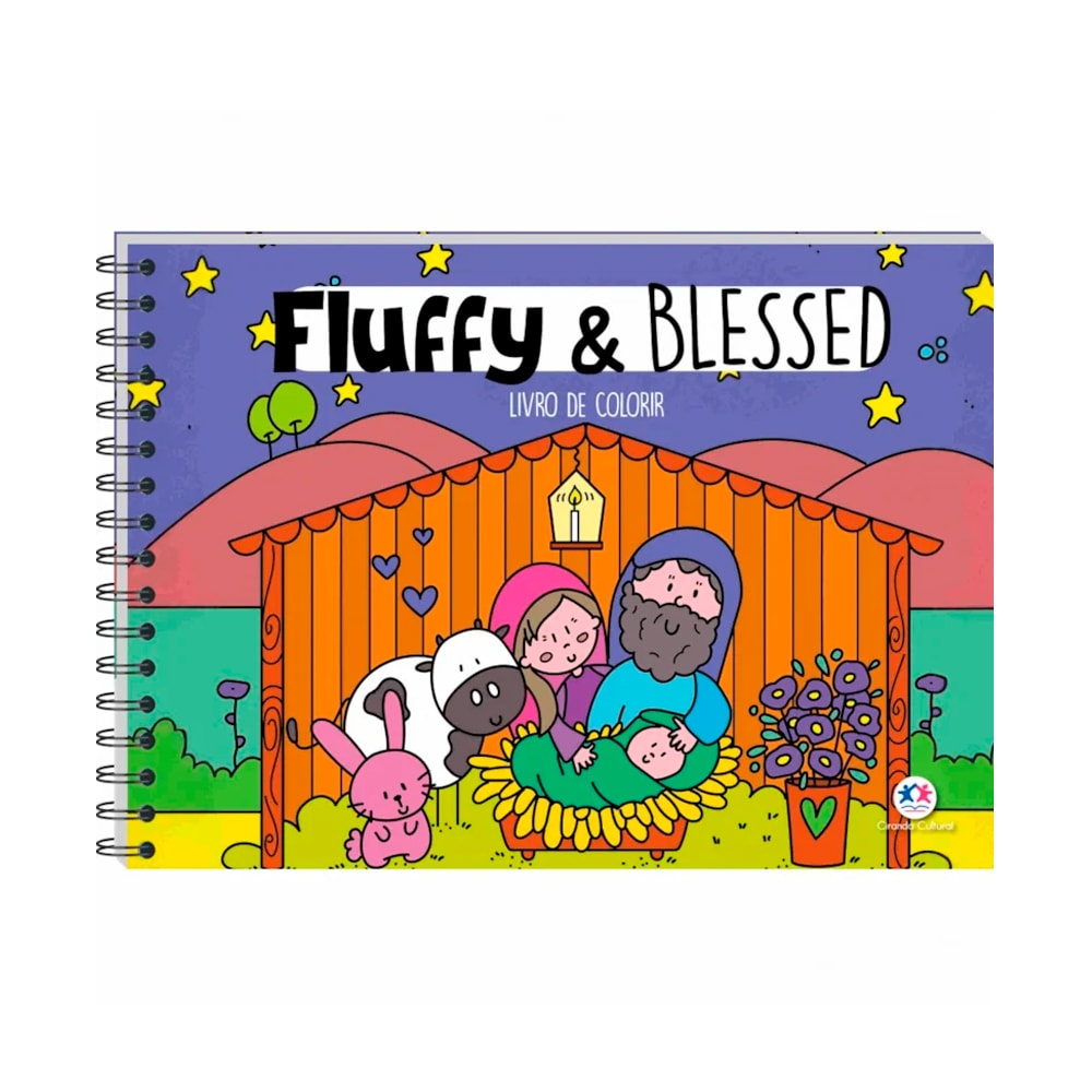 Livro de colorir Fluffy And Blessed, capa com cena de presépio em estilo desenho animado. — Plenitude