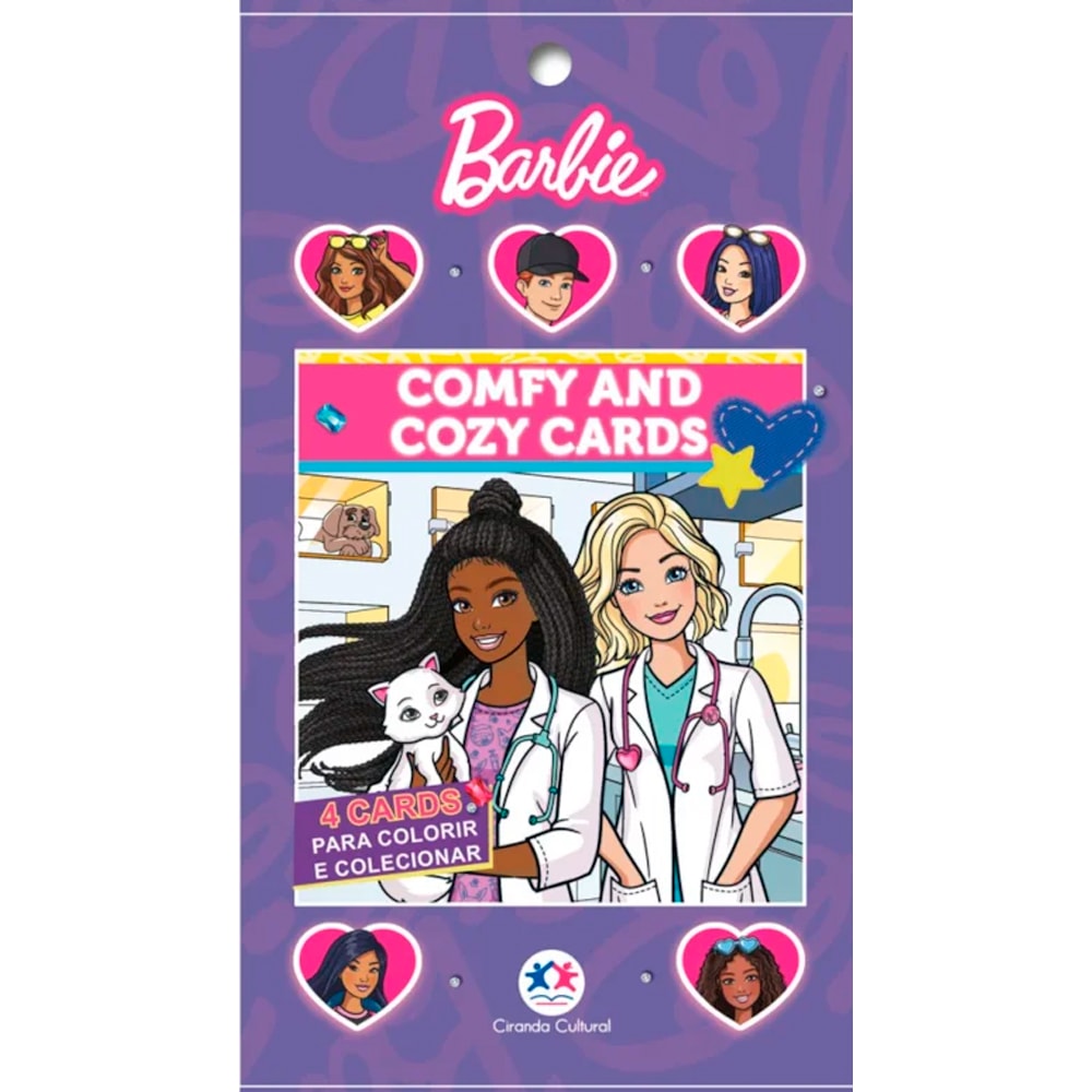Kit de cards Barbie Comfy And Cozy 4 Cards, embalagem roxa com Barbies e selo de 4 cards para colorir. — Plenitude