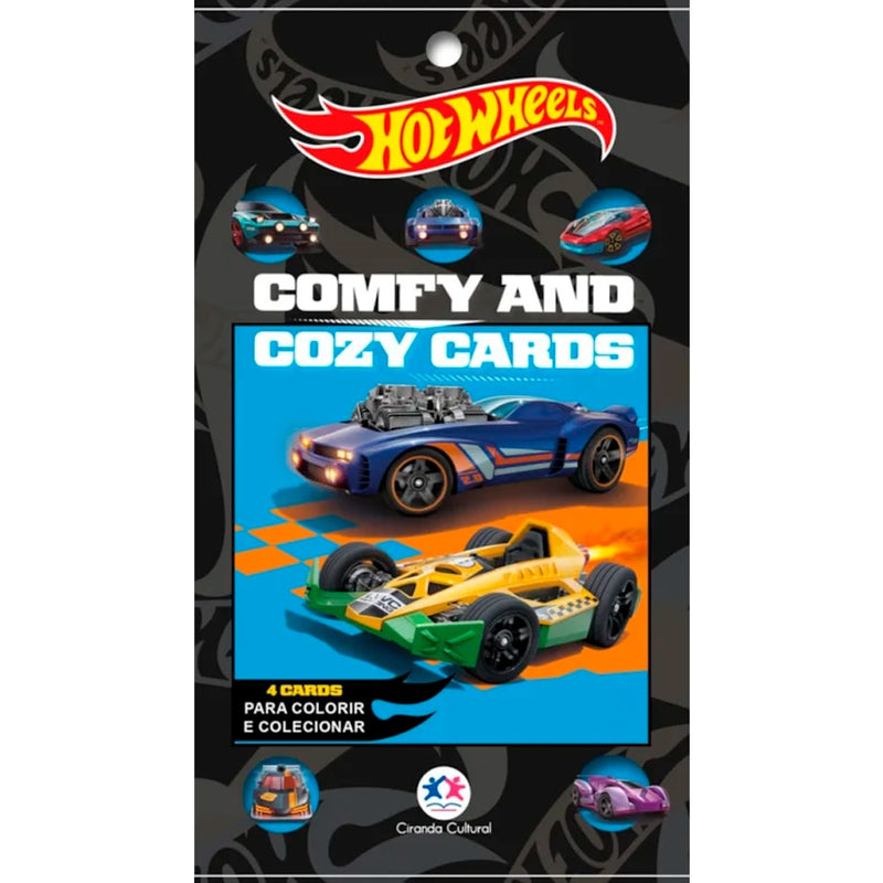Kit de cards Hot Wheels Comfy And Cozy 4 Cards, embalagem preta com carros Hot Wheels e selo de 4 cards para colorir. — Plenitude
