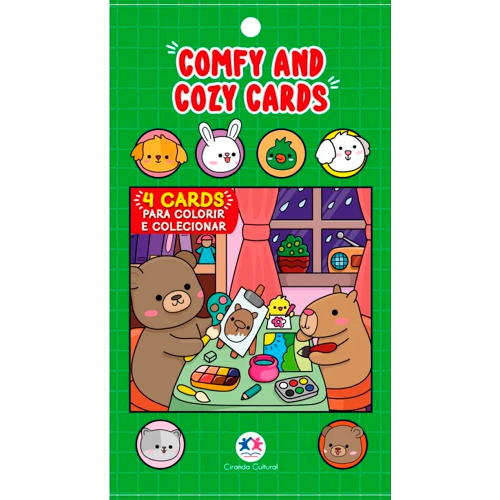 Cartões para colorir: Ursinhos, Comfy And Cozy 4 Cards, embalagem verde com ursos colorindo. — Plenitude