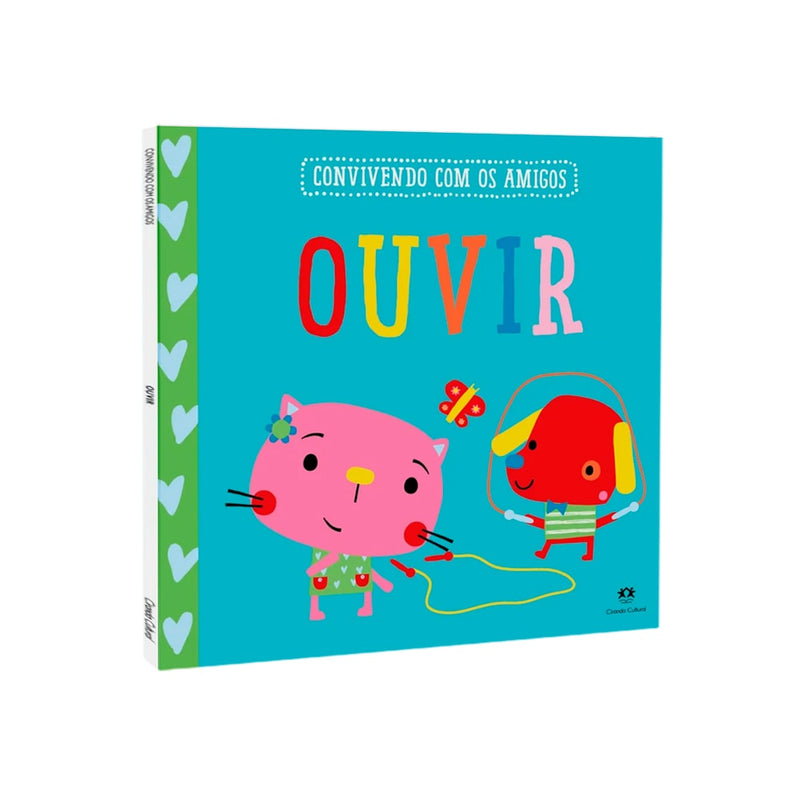 Livro Ouvir Convivendo Com os Amigos. Capa azul com um gato rosa e um cachorro vermelho. — Plenitude
