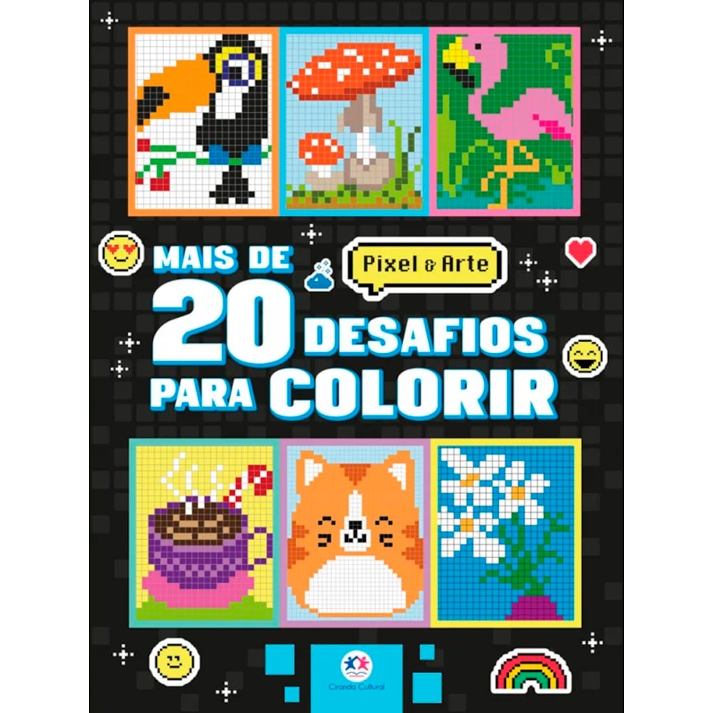 Livro de colorir Pixel Art Mais de 20 Desafios para Colorir. Capa preta com ilustrações de pixel art de animais e objetos. — Plenitude