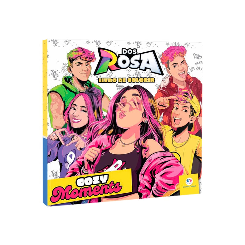 Livro de colorir Dos Rosa Cozy Moments. Capa branca com ilustrações de personagens jovens e coloridos. — Plenitude