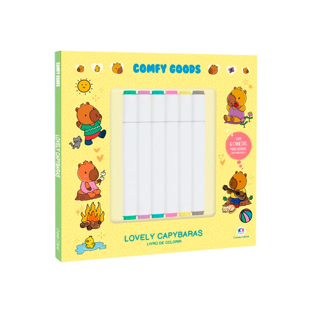 Livro de Colorir: Comfy Goods, Lovely Capybaras, capa amarela com capivaras e canetas. — Plenitude