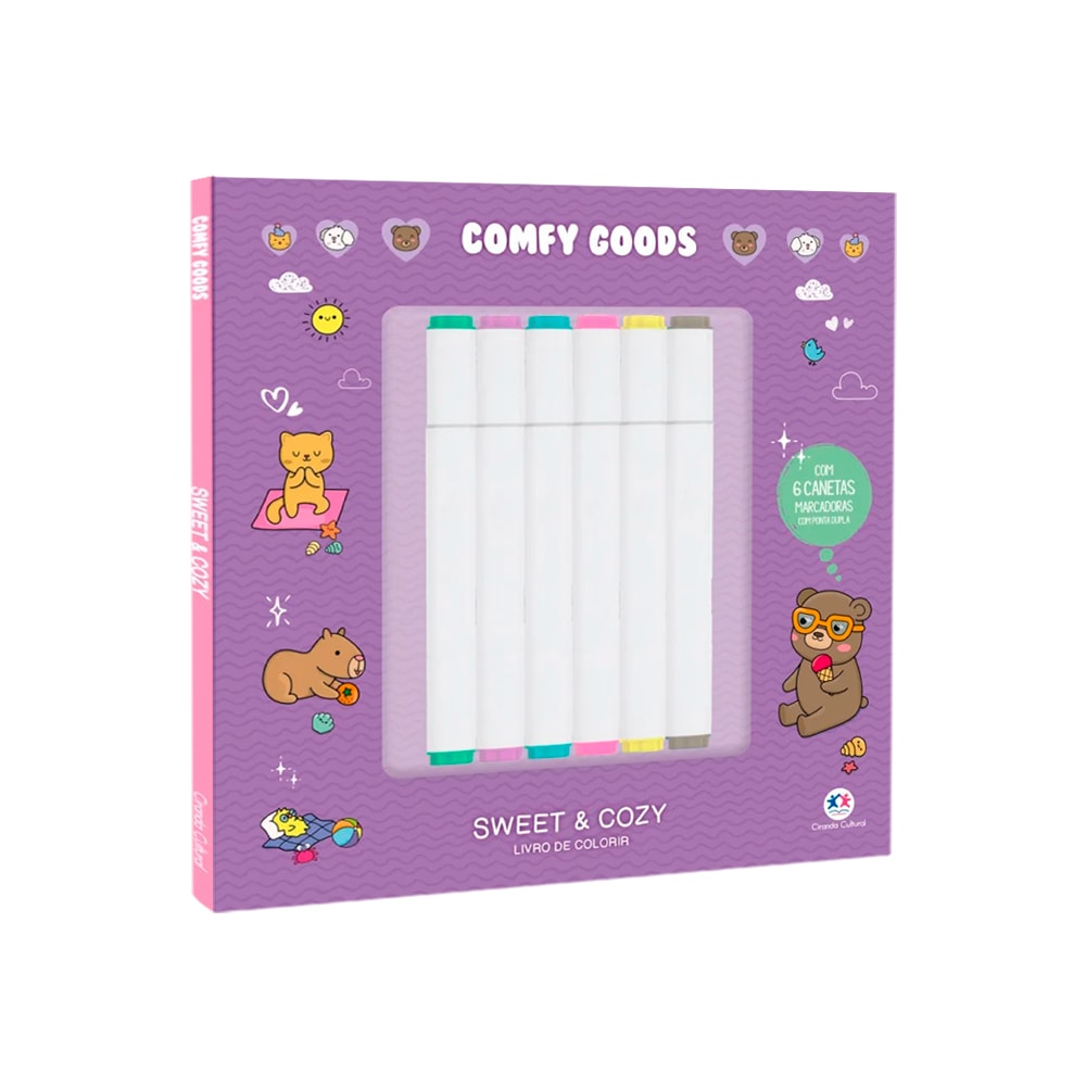 Livro de Colorir Sweet And Cozy, capa roxa com ilustrações de animais fofos e um conjunto de canetas. — Plenitude