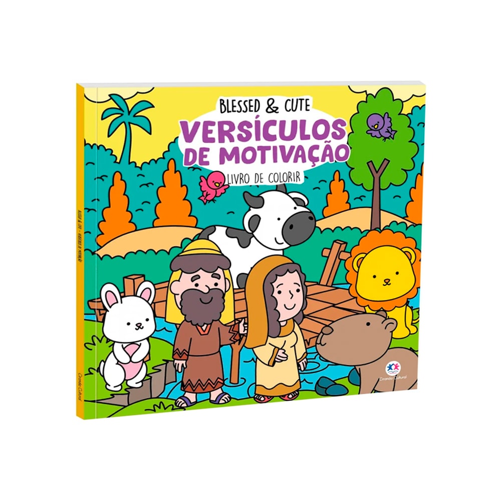 Livro de Colorir Versículos de Motivação, capa colorida com personagens bíblicos e animais. — Plenitude