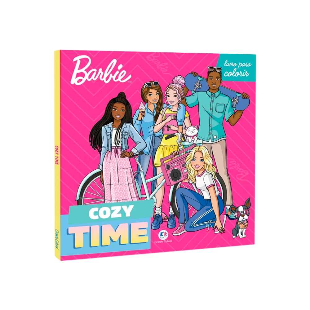 Livro de Colorir Barbie Cozy Time, capa rosa com Barbie e amigos. — Plenitude