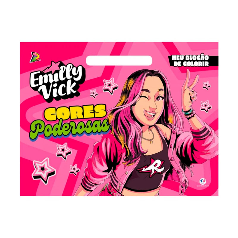 Livro de colorir "Emilly Vick | Cores Poderosas", capa rosa com personagem feminina e estrelas. — Plenitude