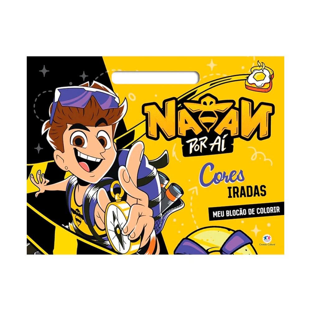 Livro de colorir Natan por Aí Cores Iradas, capa amarela e preta com Natan. — Plenitude