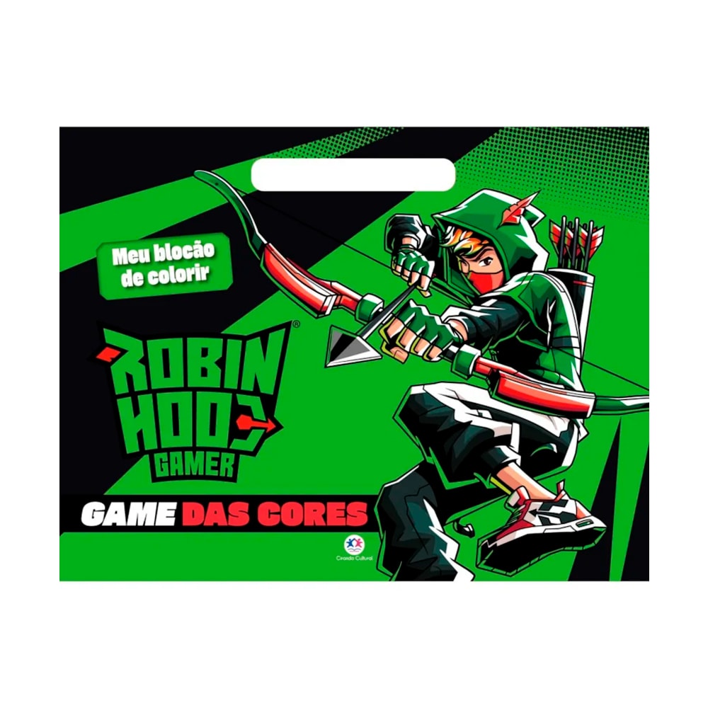 Livro de colorir "Robin Hood Gamer | Game das Cores", capa verde com personagem arqueiro. — Plenitude