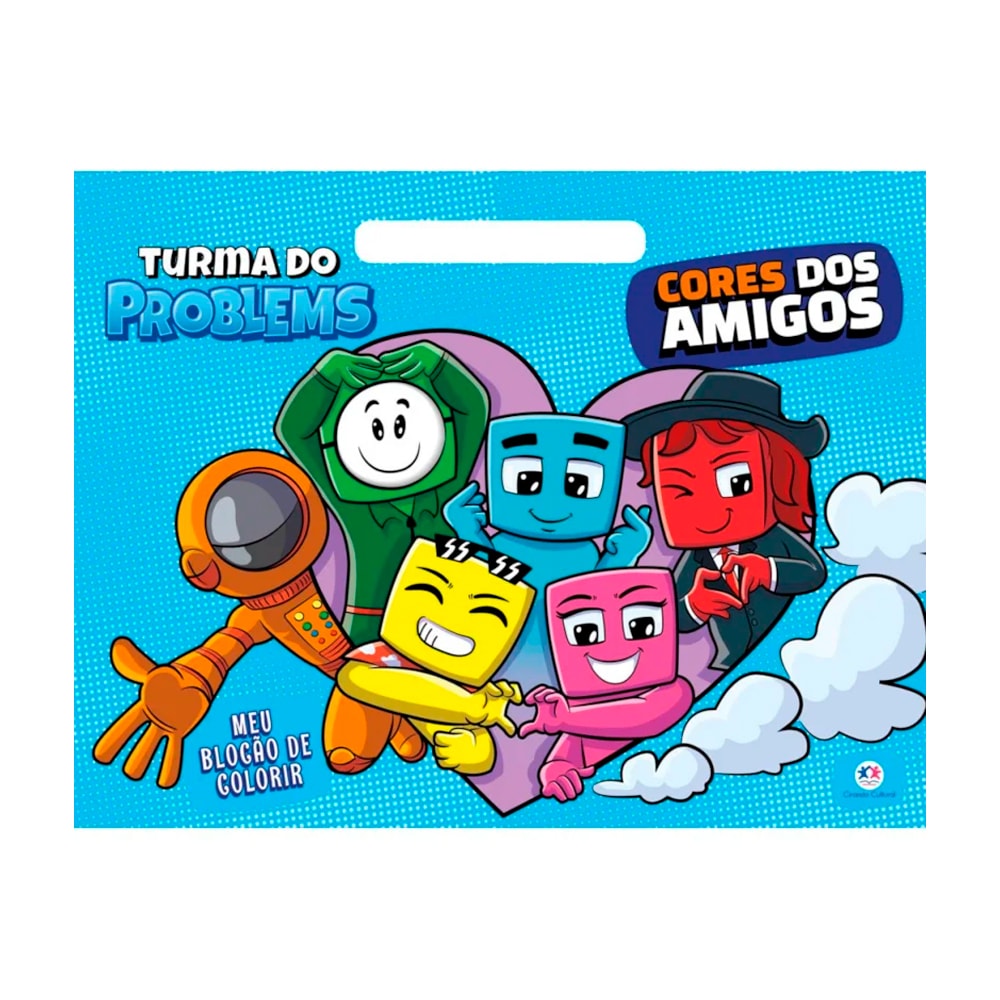 Livro de colorir "Turma do Problems | Cores dos Amigos", capa azul com personagens e coração. — Plenitude