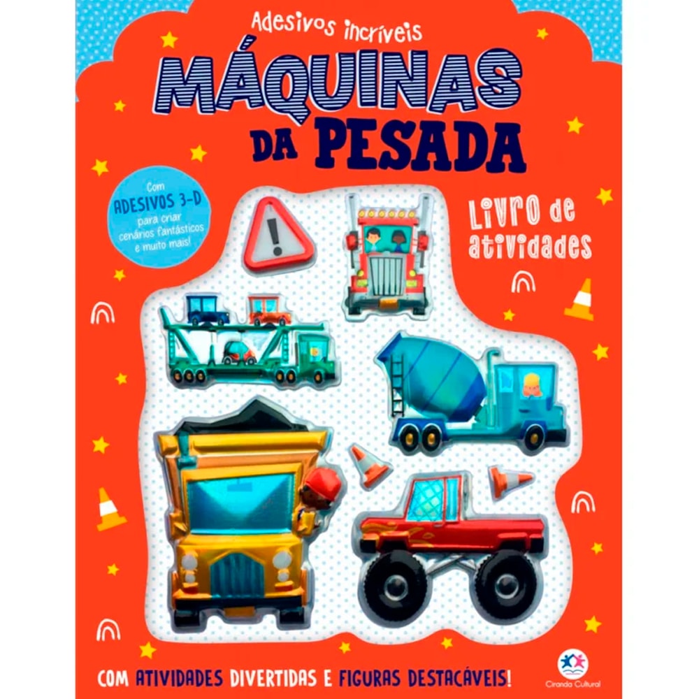 Livro de atividades "Máquinas da Pesada", capa laranja com adesivos 3D de veículos de construção. — Plenitude