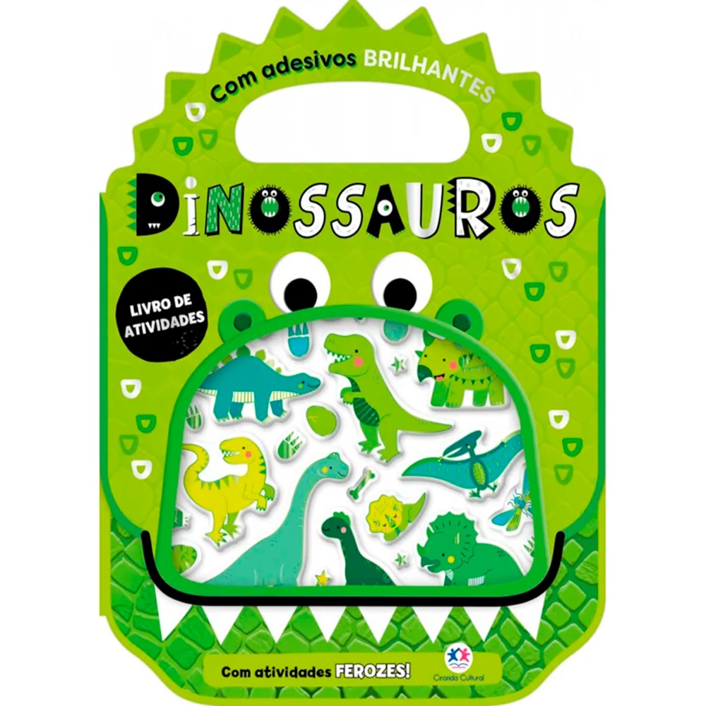 Livro de atividades "Dinossauros", capa verde em formato de dinossauro com adesivos brilhantes. — Plenitude