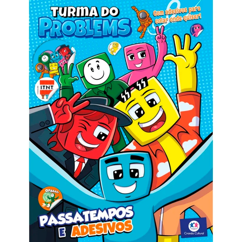 Livro de atividades "Turma do Problems | Passatempos e Adesivos", capa azul com personagens coloridos. — Plenitude