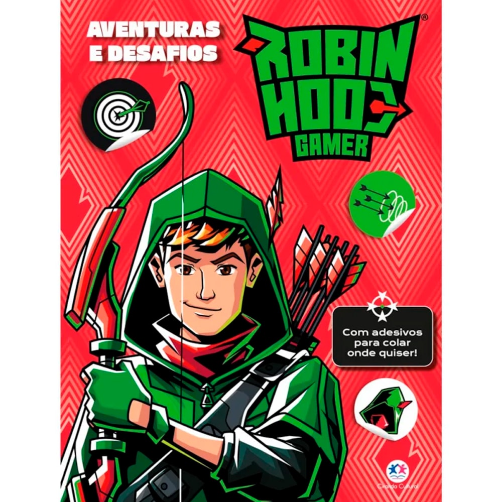 Livro de atividades "Robin Hood Gamer | Aventuras e Desafios", capa vermelha com personagem arqueiro. — Plenitude