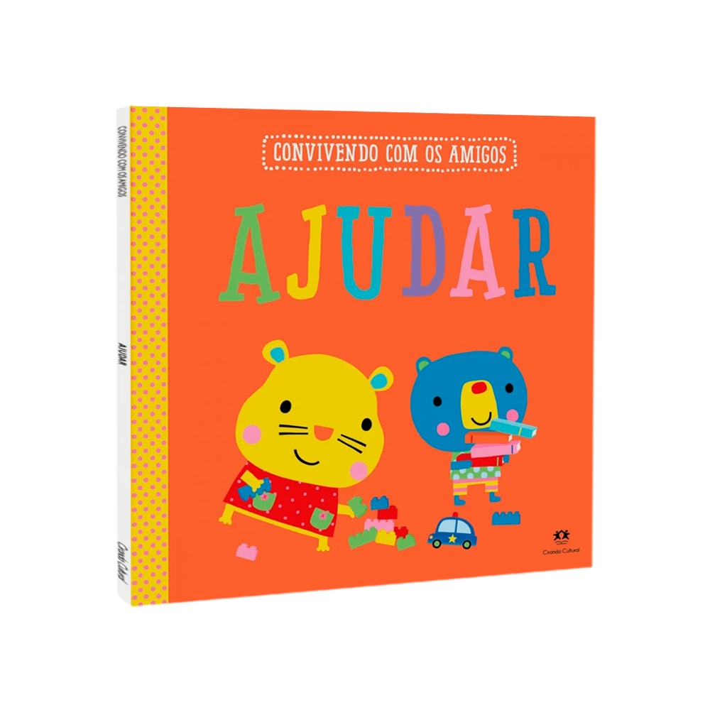 Livro infantil "Ajudar | Convivendo Com os Amigos", capa laranja com ilustrações de um urso e um hamster. — Plenitude