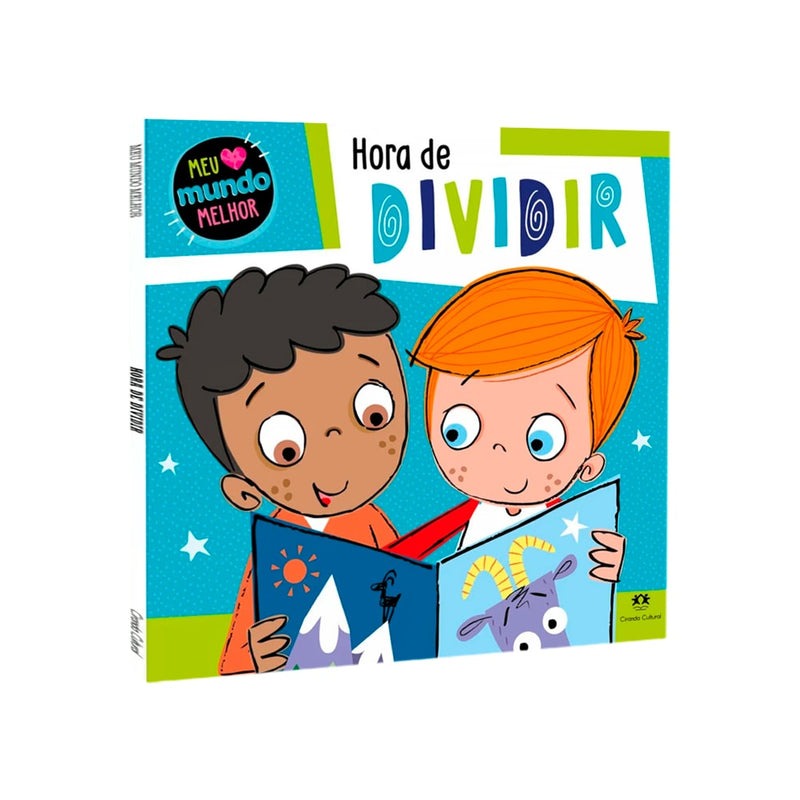 Capa do livro infantil "Hora de Dividir - Meu Mundo Melhor", com duas crianças lendo um livro juntas. — Plenitude