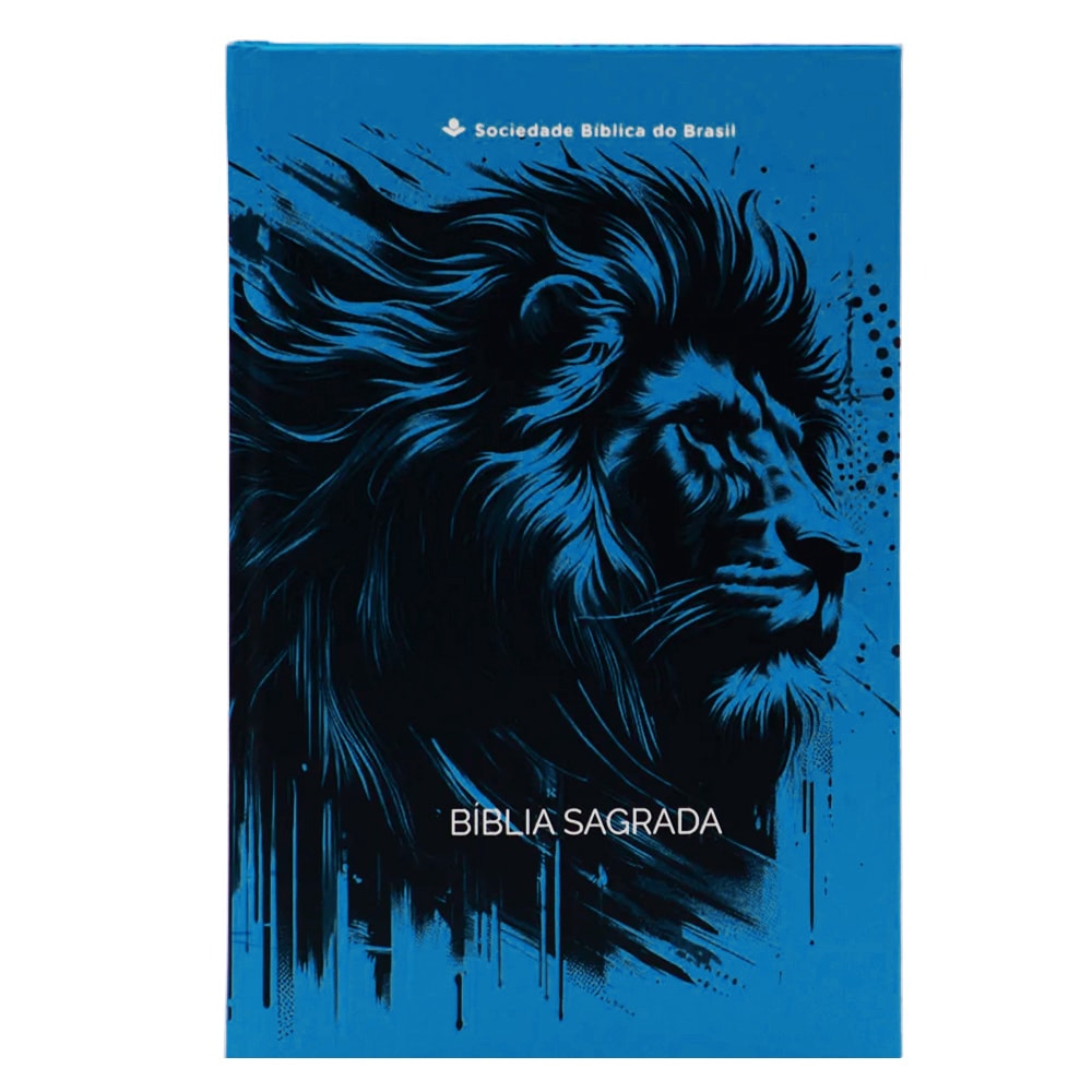 Bíblia Sagrada NAA, capa dura azul com leão em destaque e detalhes em preto. — Plenitude