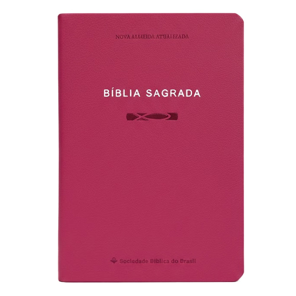 Bíblia Sagrada Slim NAA pink, capa em couro sintético, com letras normais e detalhes em baixo relevo. — Plenitude.