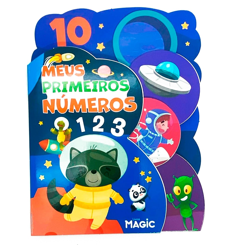 Livro infantil Meus Primeiros Números, capa dura colorida com tema espacial e guaxinim astronauta. — Plenitude