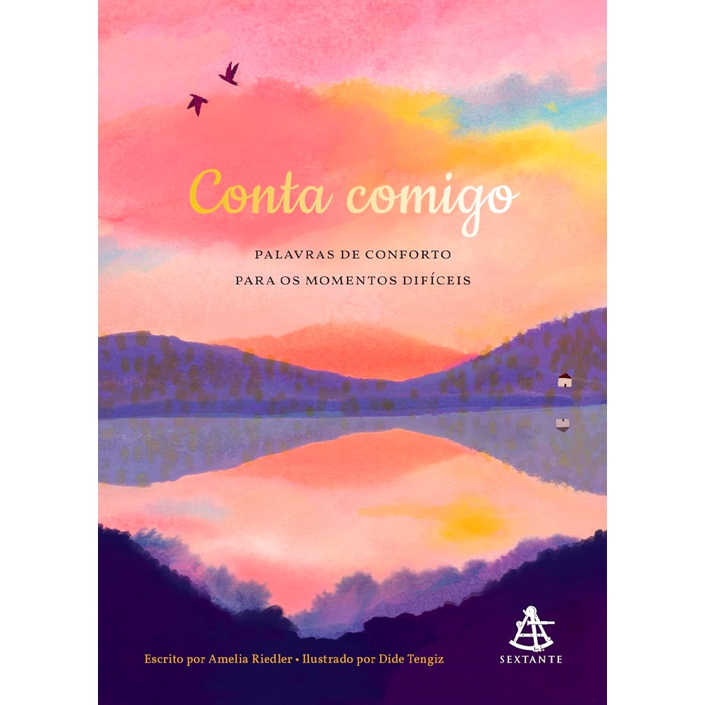 Livro "Conta Comigo" de Amelia Riedler, capa com paisagem de montanhas e lago em tons pastéis. — Plenitude