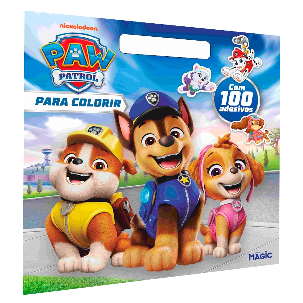 Livro de colorir Patrulha Canina, capa azul com alça, ilustrações dos personagens e 100 adesivos. — Plenitude