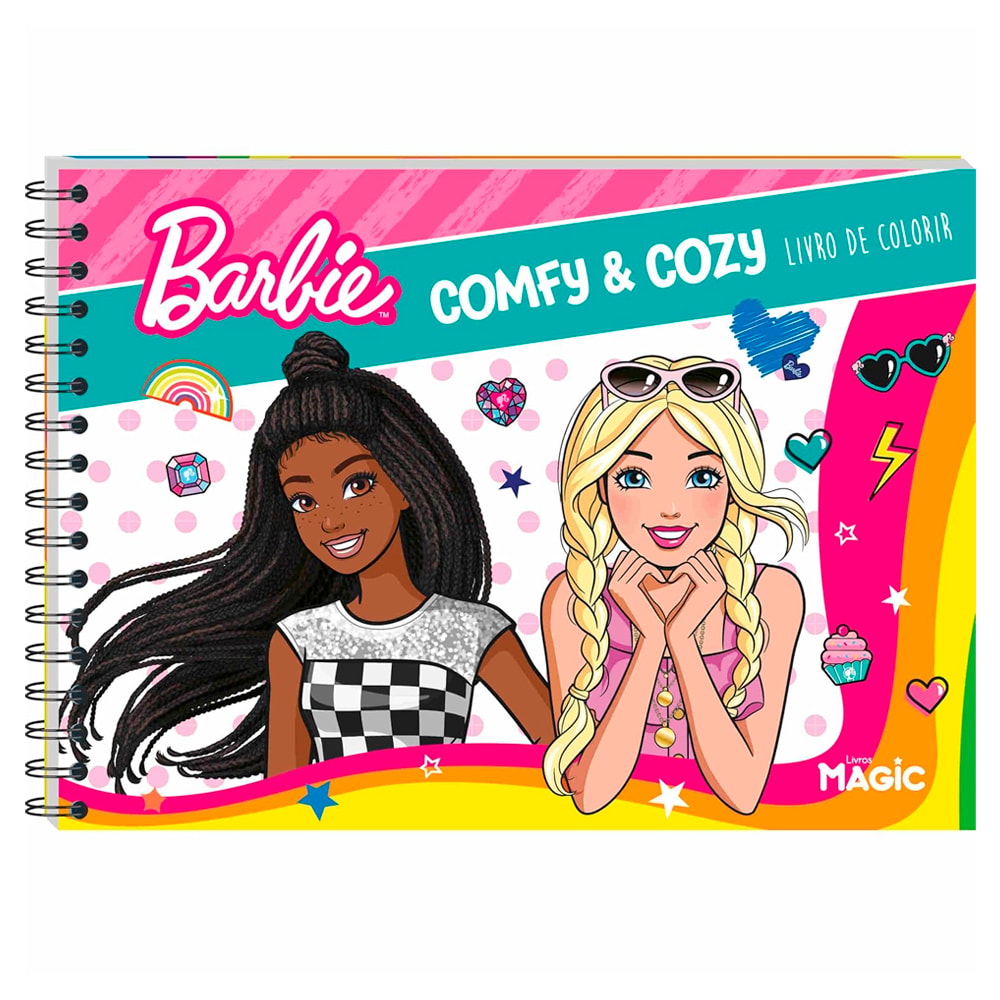 Livro de colorir Barbie - Comfy & Cozy, capa rosa e amarela com espiral, ilustrações de Barbies. — Plenitude