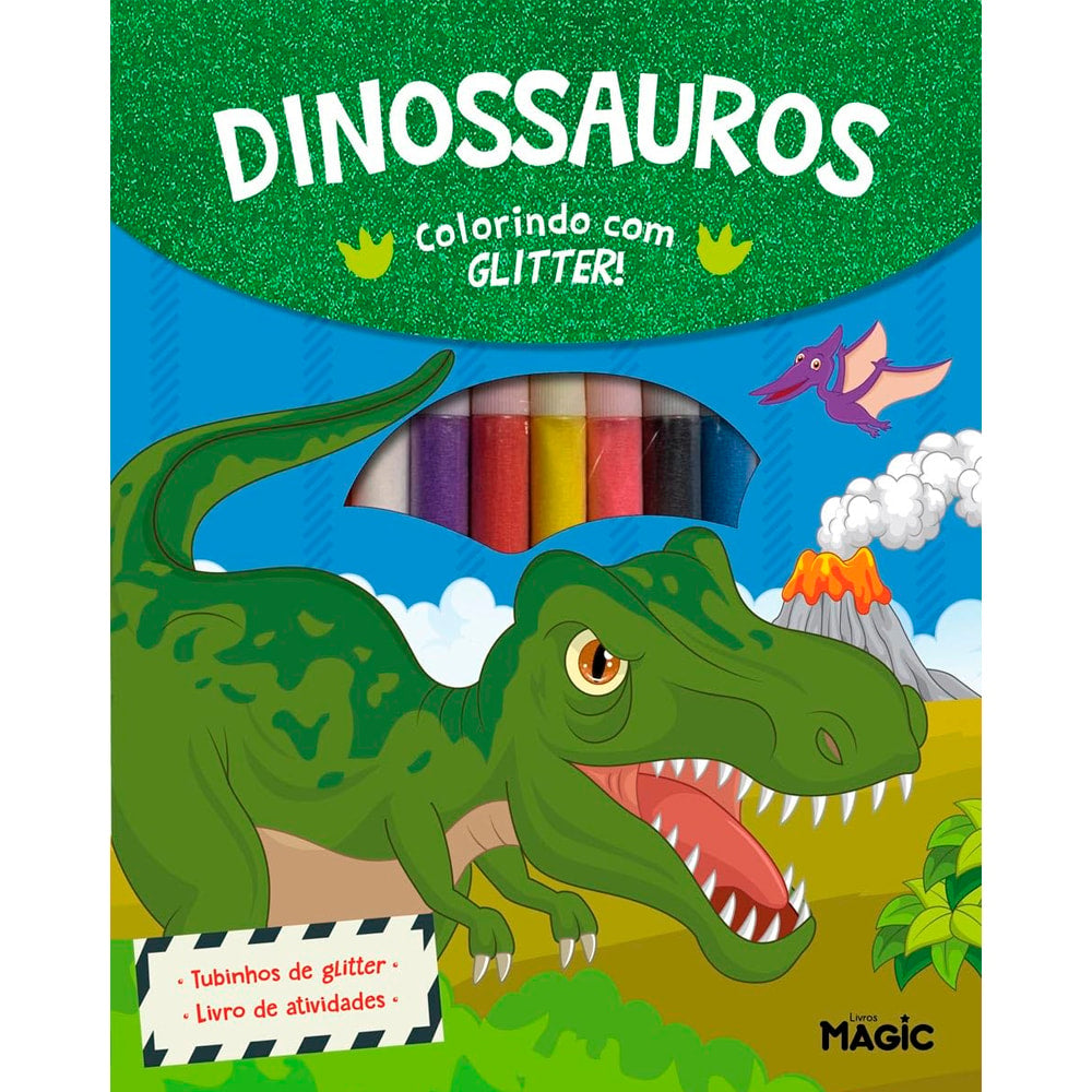 Livro de colorir Dinossauros - Colorindo com Glitter, com dinossauro verde e tubos de glitter. — Plenitude