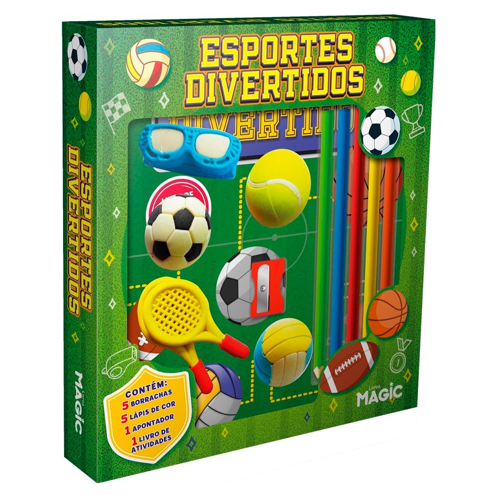 Kit de atividades Esportes Divertidos, caixa verde com borrachas de esportes, lápis de cor e apontador. — Plenitude