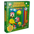 Kit de atividades Esportes Divertidos, caixa verde com borrachas de esportes, lápis de cor e apontador. — Plenitude